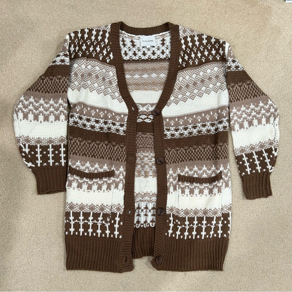 White and Brown Cardigan Pink Rose XS